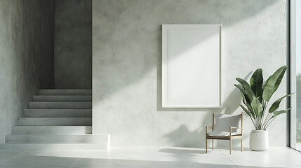 Aufkleber - Empty white frame hanging in simple light concrete gallery interior, mock up, 3d rendering