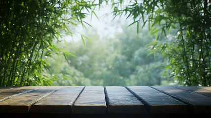 Poster - Empty wooden desk with bamboo grove on background