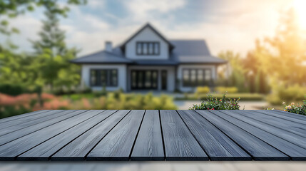 Poster - Wooden table top with blurred garden and house background for product display presentation