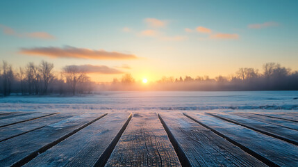 Poster - Empty wooden tabletop with a frosty winter landscape and sunrise in the distance