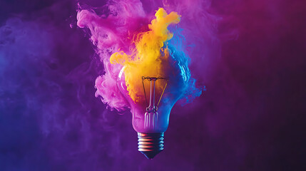 Aufkleber - Eureka moment of creative inspiration concept with liquid paint merging into a colorful lightbulb on dark purple background