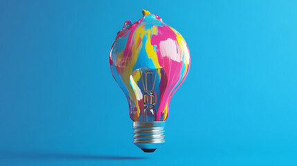 Aufkleber - Eureka moment with colorful paint merged into light bulb on bright blue background