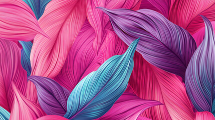 Poster - Exotic pattern with pink, turquoise and magenta leaves and flowers, bold lines, flat colors on a colorful pink background