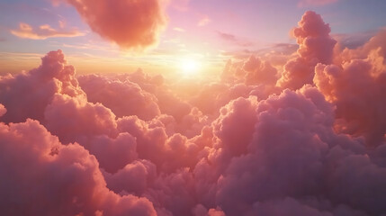 Poster - Fantasy background with pink clouds in sky, abstract heaven texture with fluffy pastel clouds in blue sky at sunset