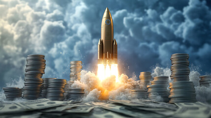Poster - Financial growth concept with rocket ship taking off upwards, illustration