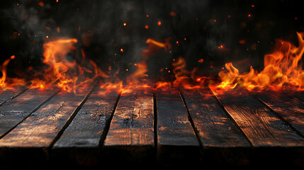 Aufkleber - Flaming bbq fire on black background and empty rustic wooden table