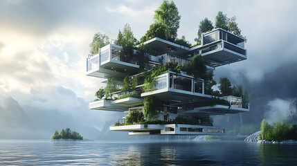 Aufkleber - Floating building project concept, innovative architectural design principles to address challenges of space and environmental concerns, introducing a new perspective on urban planning