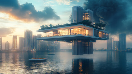 Aufkleber - Floating building project concept, innovative architectural design principles to address challenges of space and environmental concerns, introducing a new perspective on urban planning