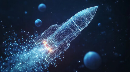 Aufkleber - Flying rocket with planets in space, low poly style design, abstract geometric background, wireframe light connection structure, modern 3d graphic concept, isolated illustration