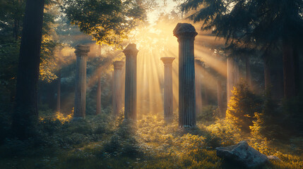 Poster - Forest landscape with abandoned old ruins, stone columns with the rays of the sun through the crowns of trees 3d illustration