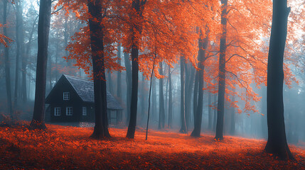 Poster - Forest in autumn with a house in a clearing, trees with orange foliage