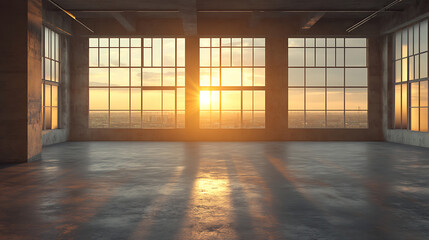 Poster - Front view of empty loft interior room with concrete floor at sunset