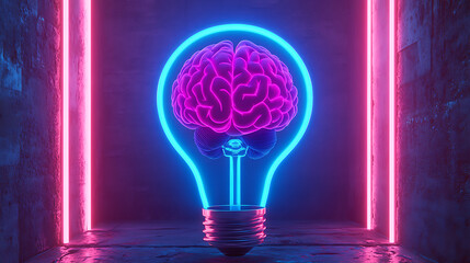 Aufkleber - Abstract blue glowing light bulb with violet brains inside, low-poly style, abstract neon frame style