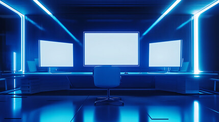 Leinwandbilder - Abstract blue workplace with three empty white mock up computer displays, office concept, 3d rendering