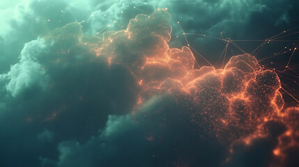 Fototapete - Abstract cloud linked to numerous data points, cloud computing as a critical technology, virtual storage space and data points, the interconnectedness of this modern tech architecture