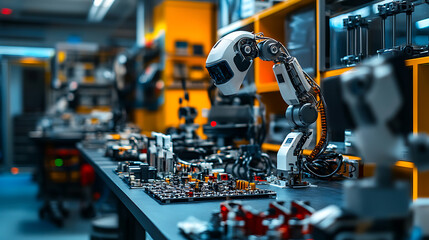 Leinwandbilder - Ai-driven robotics lab displaying a variety of robot parts and advanced electronics, emphasizing the cutting-edge innovations and developments in artificial intelligence and engineering