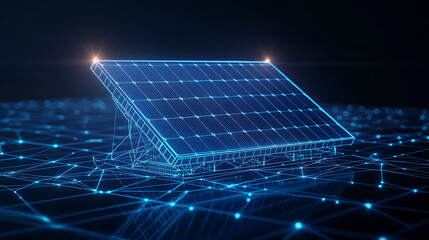 Aufkleber - An abstract blue solar battery, solar panel, and renewable energy concept, a low poly style design with a geometric background, a wireframe light connection structure, 3d graphic concept, isolated
