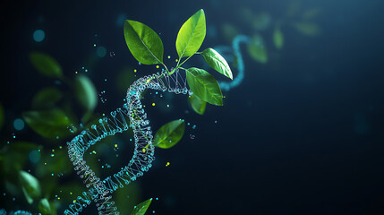 Aufkleber - An abstract illustration of seedling tree leaves and dna genome engineering vitamins isolated on dark blue background, medical science and the environment, low poly wireframe mesh