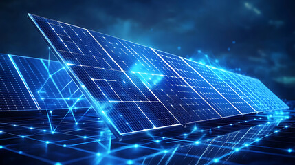 Wall Mural - an abstract blue solar battery, solar panel, and renewable energy concept, a low poly style design w