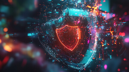Fototapete - An artistic representation of cybersecurity solutions featuring a digital shield emblem, symbolizing protection, surrounded by a high-tech, cyber-themed abstract environment