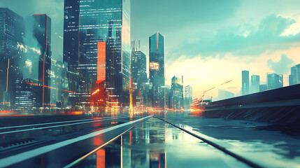 Fototapete - An asphalt empty roadside on the background of an urban landscape, futuristic illustration of future technologies