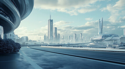 Poster - An asphalt empty roadside on the background of an urban landscape, futuristic illustration of future technologies