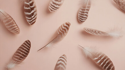 Poster - An elegant, softfocus background in a soothing color, featuring delicate feathers arranged in a minimalist aesthetic style that exudes tranquility and sophistication