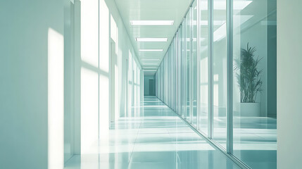 Fototapete - An empty corridor in a glass building, futuristic illustration of future technologies