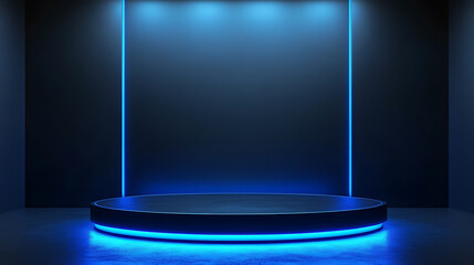 Fototapete - An empty dark blue studio room is a futuristic sci-fi large hall with blue lights, a podium for your product, futuristic future illustration
