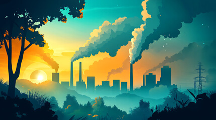 Poster - An illustration depicting the concept of carbon dioxide (co2) emissions balancing with nature for achieving a net zero carbon footprint target, symbolizing environmental sustainability