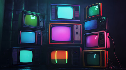 Poster - An illustration of stacked multiple retro televisions with neon lights in a dark room