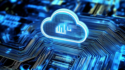 Fototapete - An illustration of secure cloud computing concept, featuring a cloud symbol over a stylized chip, representing the safety and encryption in cloud storage services