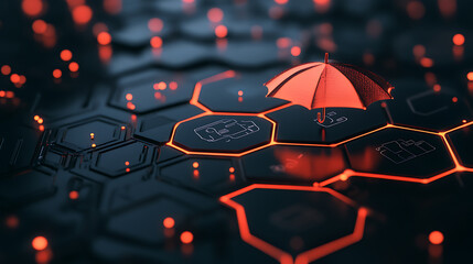 Fototapete - An insurance plan with hexagons and an umbrella icon at the top, an artificial assistant, an insurance system, an artificial agent, a digital technology, an ai integration, and futuristic services