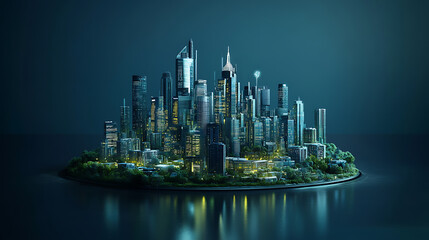 Fototapete - An isolated smart city on a dark blue background, featuring intelligent infrastructure, this futuristic cityscape showcases iot, 5g and ai integration with copy space for added context