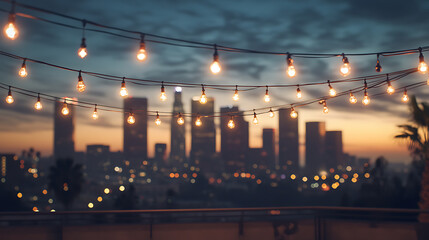 Fototapete - An urban rooftop with city lights, a string of bulbs hanging overhead against the backdrop of the downtown los angeles skyline at dusk