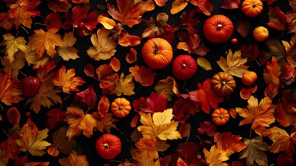 Poster - Autumn leaves and pumpkins laid out on black background