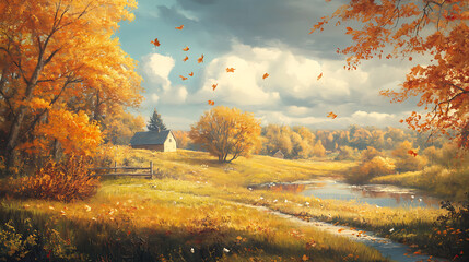 Poster - Autumn rural landscape painting, countryside, autumn trees, peaceful natural background, autumn leaves, oil paint