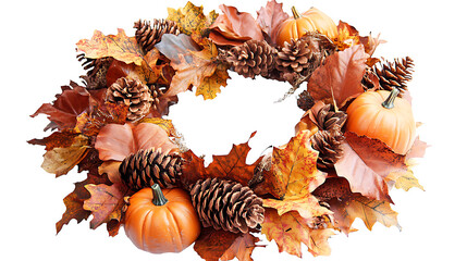 Poster - Autumn wreath made with leaves, pine cones and pumpkins against a white background