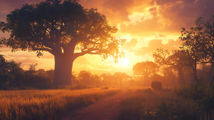 Fototapete - Avenue of the baobabs, madagascar, sunset in the park, sunrise in the forest