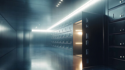 Fototapete - Bank deposit lockers with closed steel doors and a black open safe box with white light inside have an angle view, interior room in vault for money storage, secure banking service concept