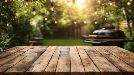 Poster - Bbq grill in the back yard background with empty wooden table