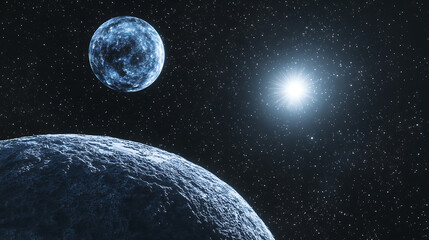 Wall Mural - beautiful bright star and planet against the background of the night starry sky above the surface of