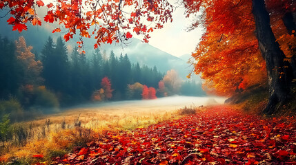Poster - Beautiful view of the autumn in mountains covered with forest, the morning fog spreads across the ground