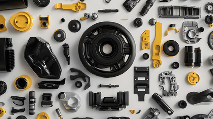 Fototapete - Black and hints of yellow car parts center composition on a white background