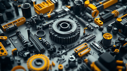 Fototapete - Black and hints of yellow car parts center composition on a white background