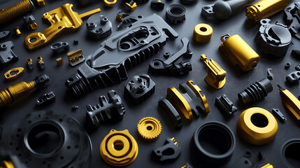 Fototapete - Black and hints of yellow car parts center composition on a white background