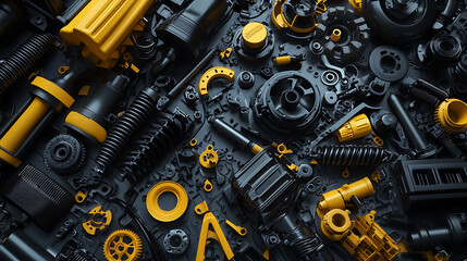 Poster - Black and hints of yellow car parts center composition on a white background