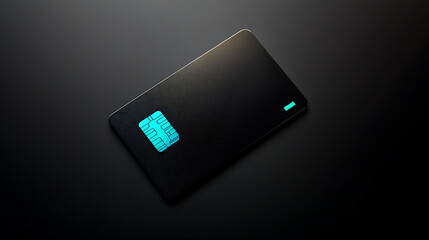 Poster - Black plain metallic credit card with turquoise shiny black background, isolated on solid black background