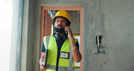 Poster - Safety manager, construction and phone call for inspection, update and contractor compliance on site with helmet. Man, mobile and quality assurance for renovation, engineering or project management