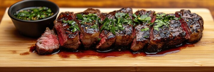 Aufkleber - Fresh marbled steak garnished with herbs on a wooden cutting board illuminated by dramatic lighting, ideal for culinary enthusiasts